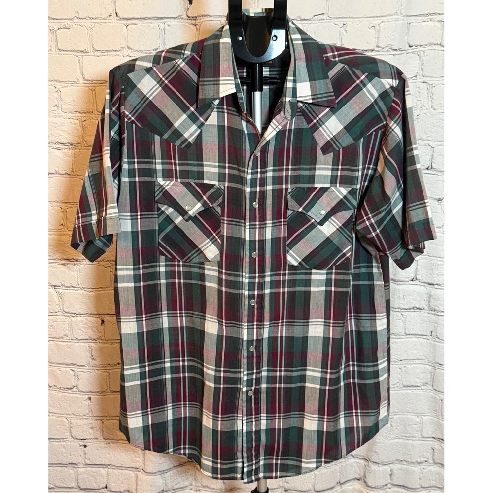 Plains‎ Western Wear Mens Medium Plaid Pearl Snap Short Sleeve Western Shirt